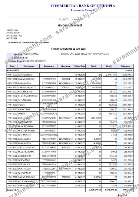 Ethiopia Commercial Bank of Ethopia bank statement template, Word and PDF format, 4 pages